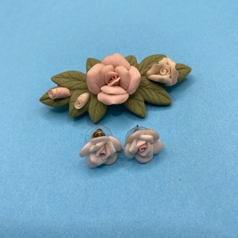 Porcelain Floral Brooch & Pierced Post Earrings Set